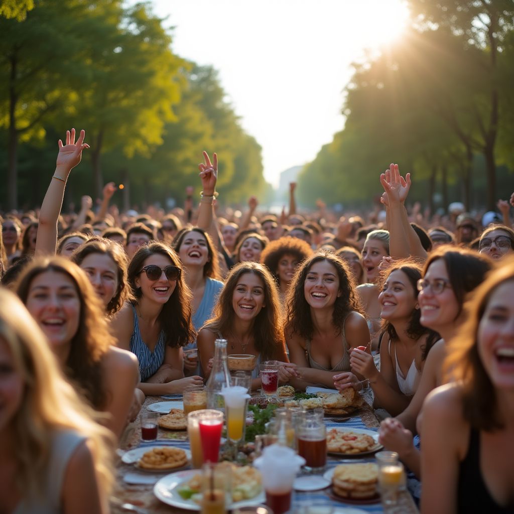 Un gran grupo de personas de diversas nacionalidades posando juntas para una foto en un parque de Madrid.