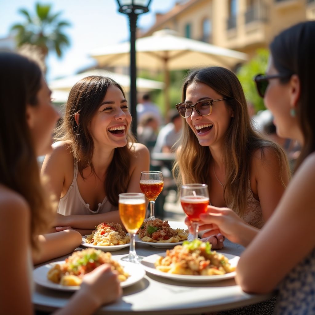 Grupo de amigos de diferentes nacionalidades disfrutando de unas tapas en una terraza en España.