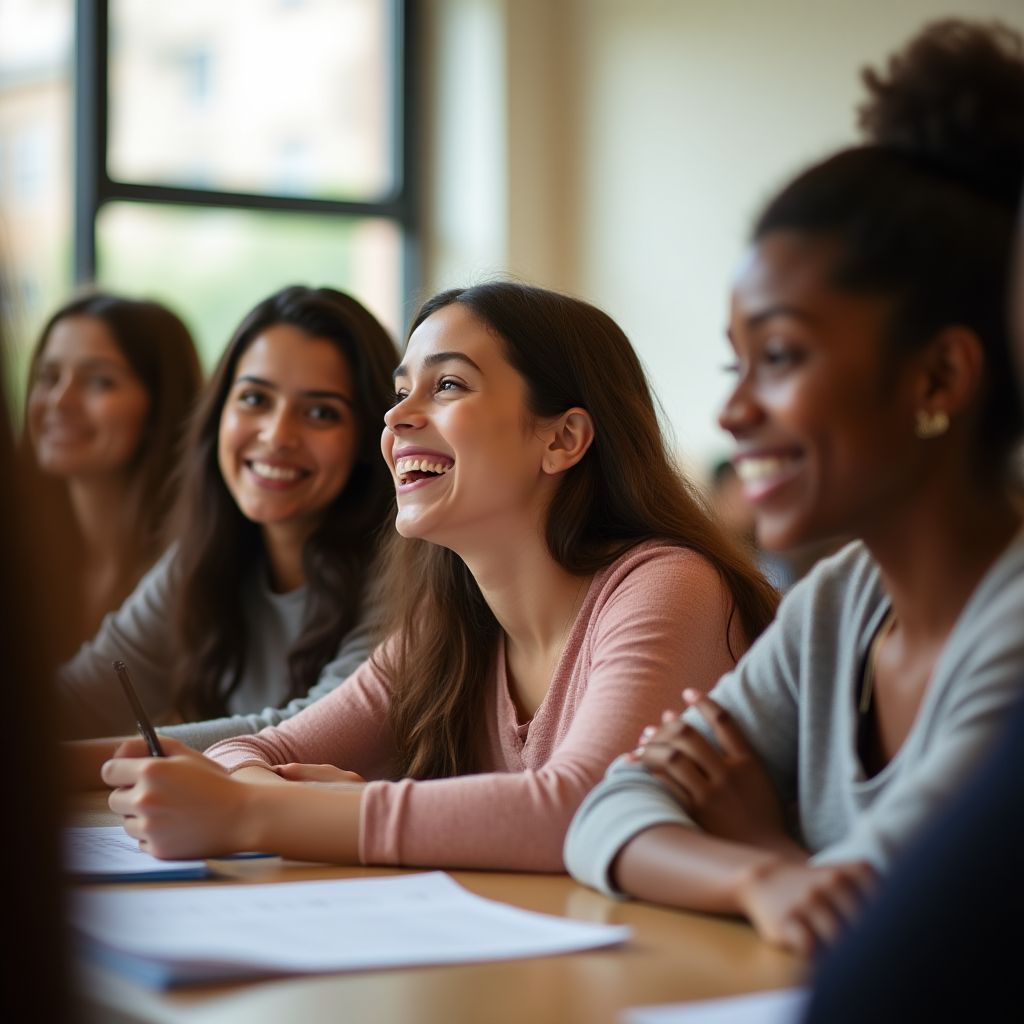 Estudiantes en una clase de español en un ambiente interactivo.