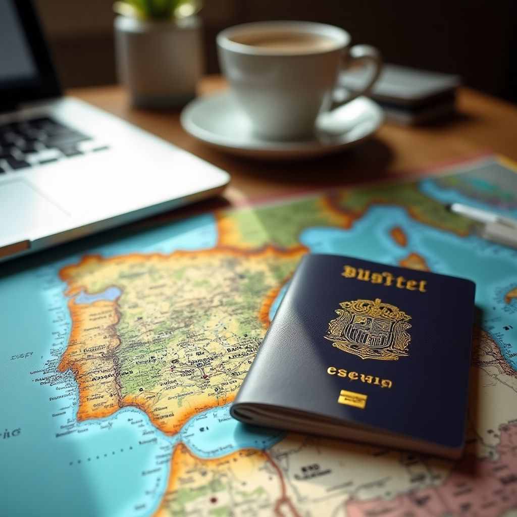 Persona planificando su viaje a España con un mapa y documentos.